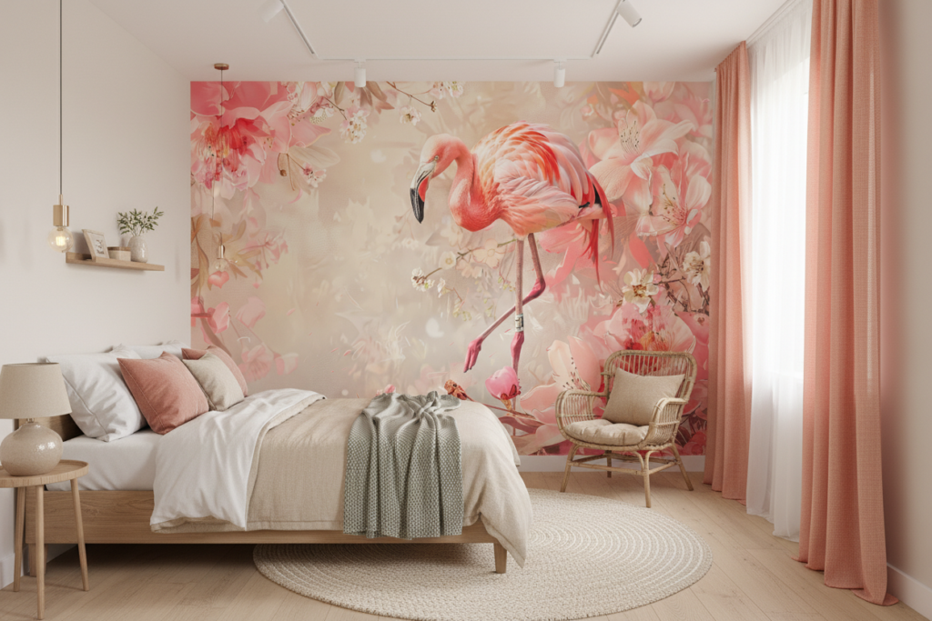 Papier Peint Flamant Rose et Fleurs de Cerisier Romantique - Chambre ado