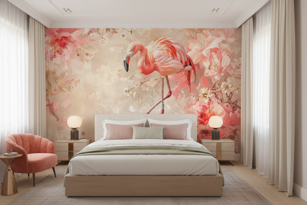Papier Peint Flamant Rose et Fleurs de Cerisier Romantique - Chambre adulte