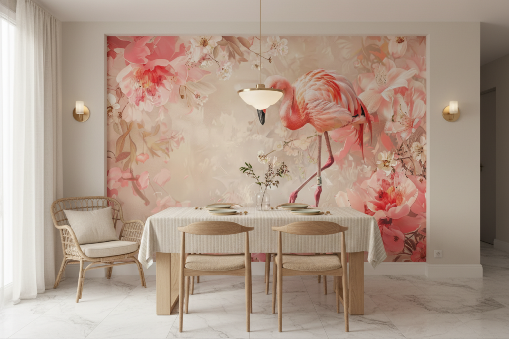 Papier Peint Flamant Rose et Fleurs de Cerisier Romantique - Salle à manger