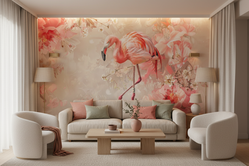 Papier Peint Flamant Rose et Fleurs de Cerisier Romantique - Salon / Séjour