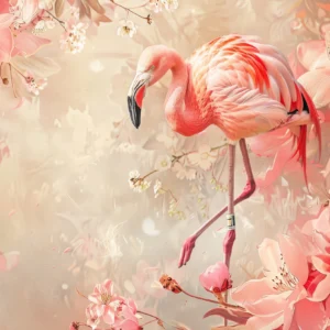 Papier Peint Flamant Rose et Fleurs de Cerisier Romantique