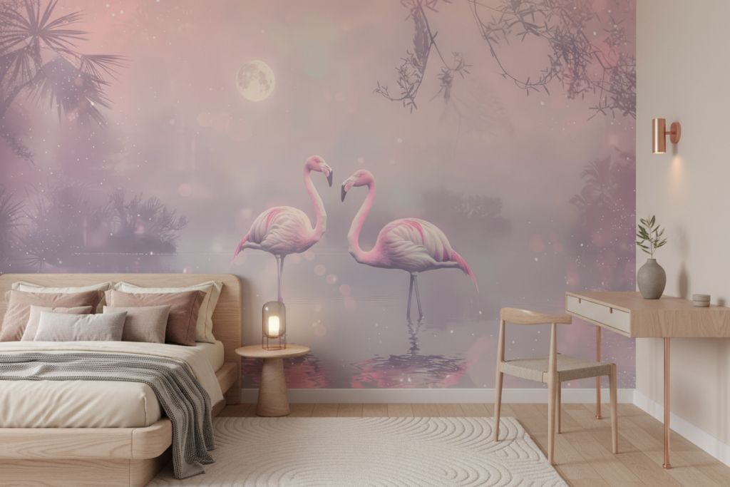 Papier Peint Flamants Roses Tropicaux Ambiance Nocturne Féerique - Chambre ado
