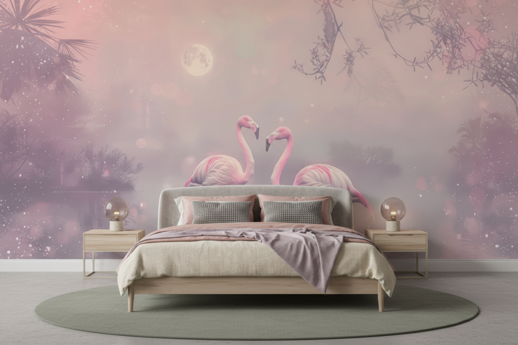Papier Peint Flamants Roses Tropicaux Ambiance Nocturne Féerique - Chambre adulte
