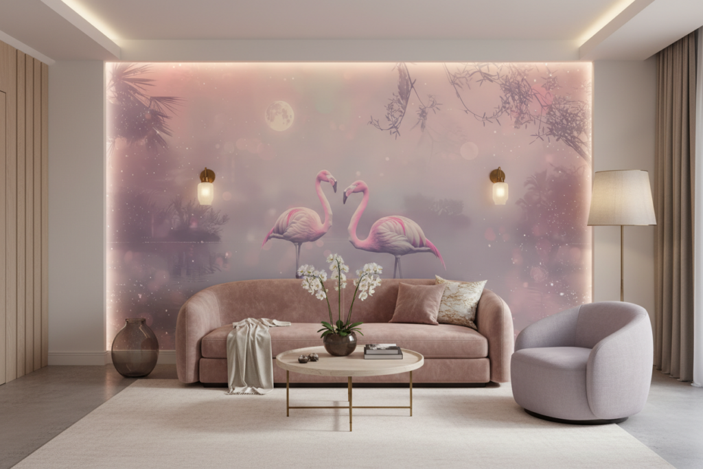 Papier Peint Flamants Roses Tropicaux Ambiance Nocturne Féerique - Hôtel