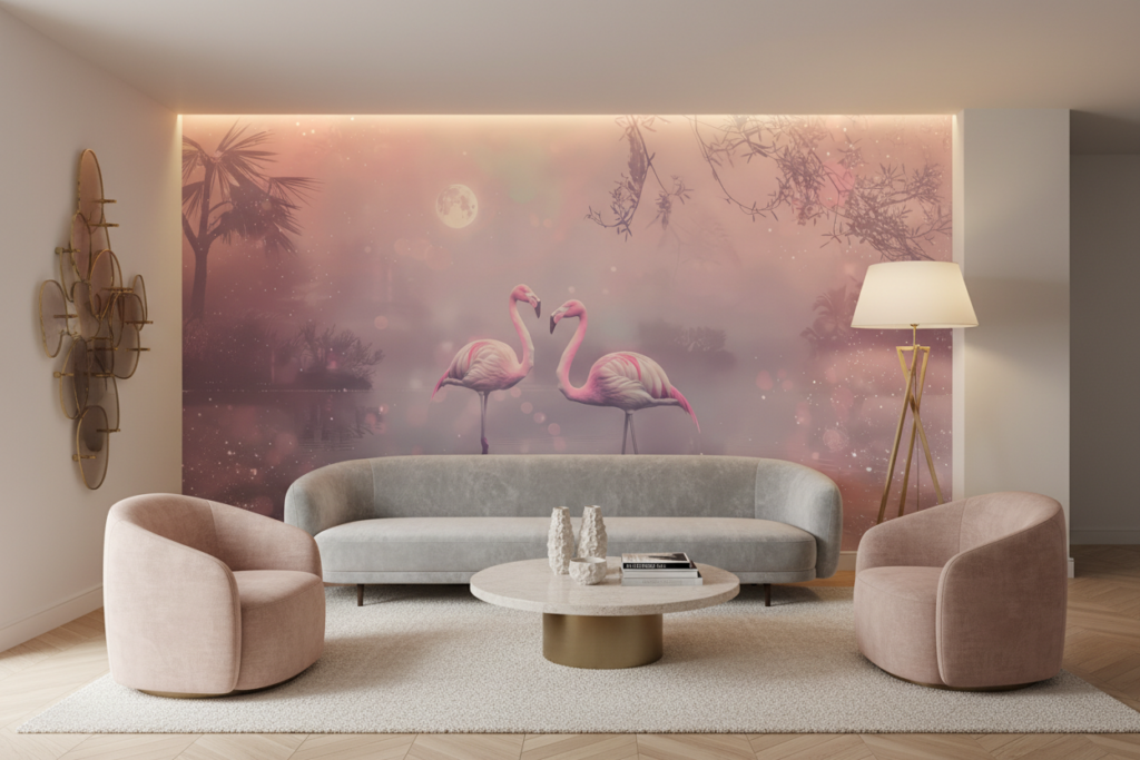 Papier Peint Flamants Roses Tropicaux Ambiance Nocturne Féerique - Salon / Séjour