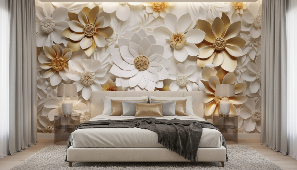 Papier peint fleurs 3D relief blanc doré élégant luxueux - Chambre adulte