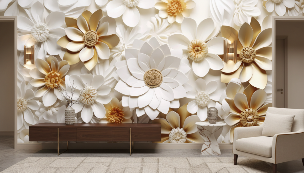Papier peint fleurs 3D relief blanc doré élégant luxueux - Entrée