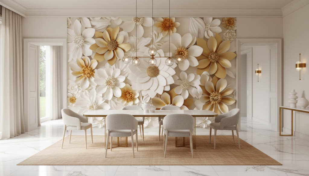 Papier peint fleurs 3D relief blanc doré élégant luxueux - Salle à manger