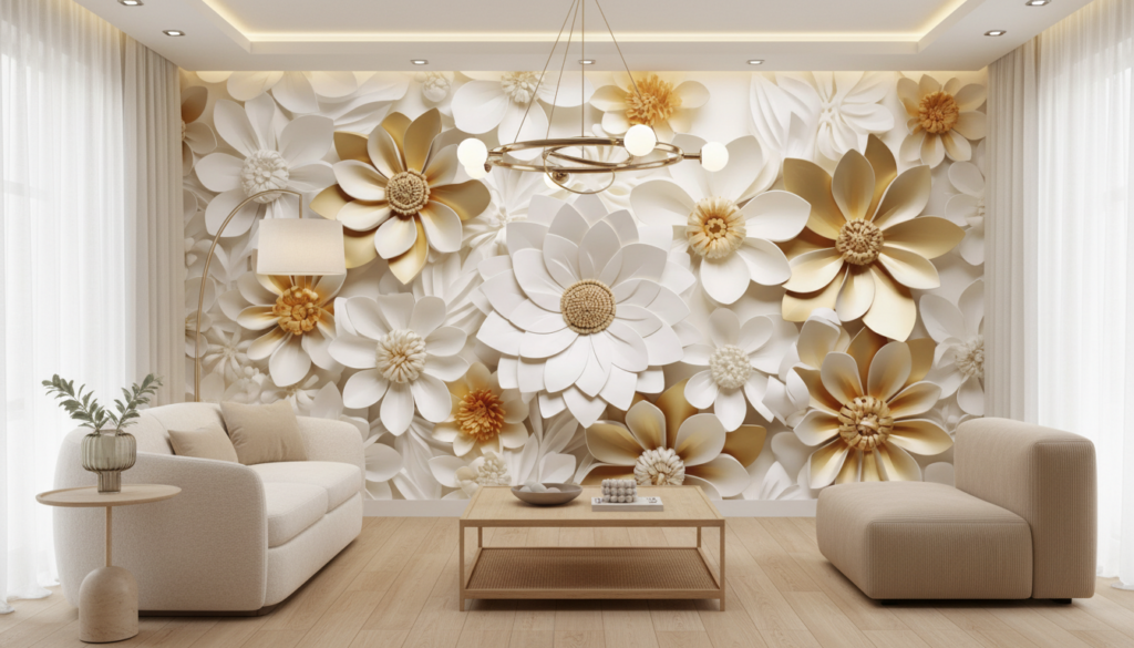 Papier peint fleurs 3D relief blanc doré élégant luxueux - Salon / Séjour
