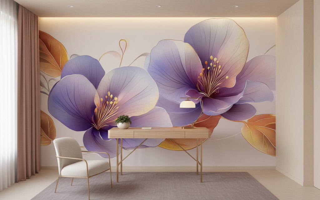 Papier Peint Fleurs Aquarelle Violet Rose Effet Artistique Délicat - Bureau