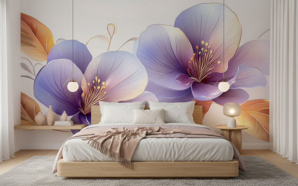 Papier Peint Fleurs Aquarelle Violet Rose Effet Artistique Délicat - Chambre adulte