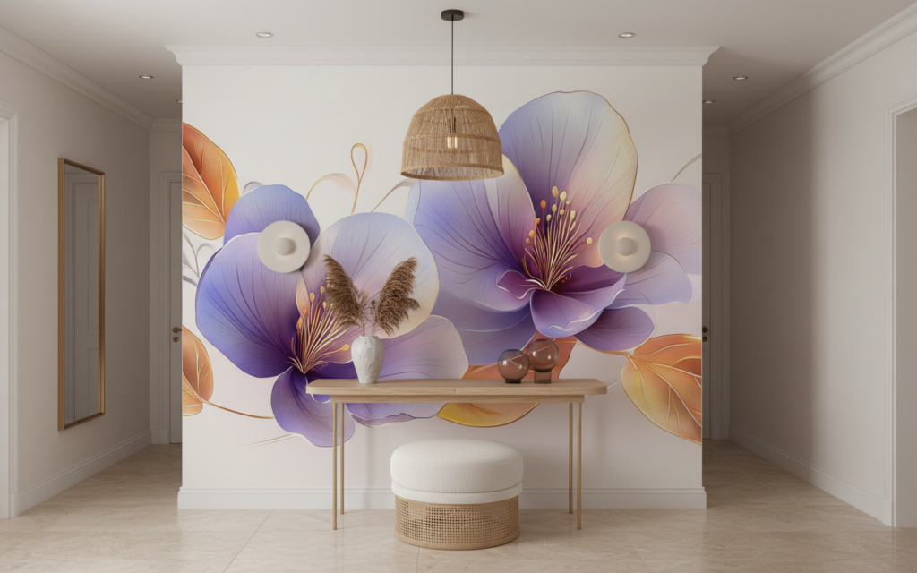 Papier Peint Fleurs Aquarelle Violet Rose Effet Artistique Délicat - Entrée