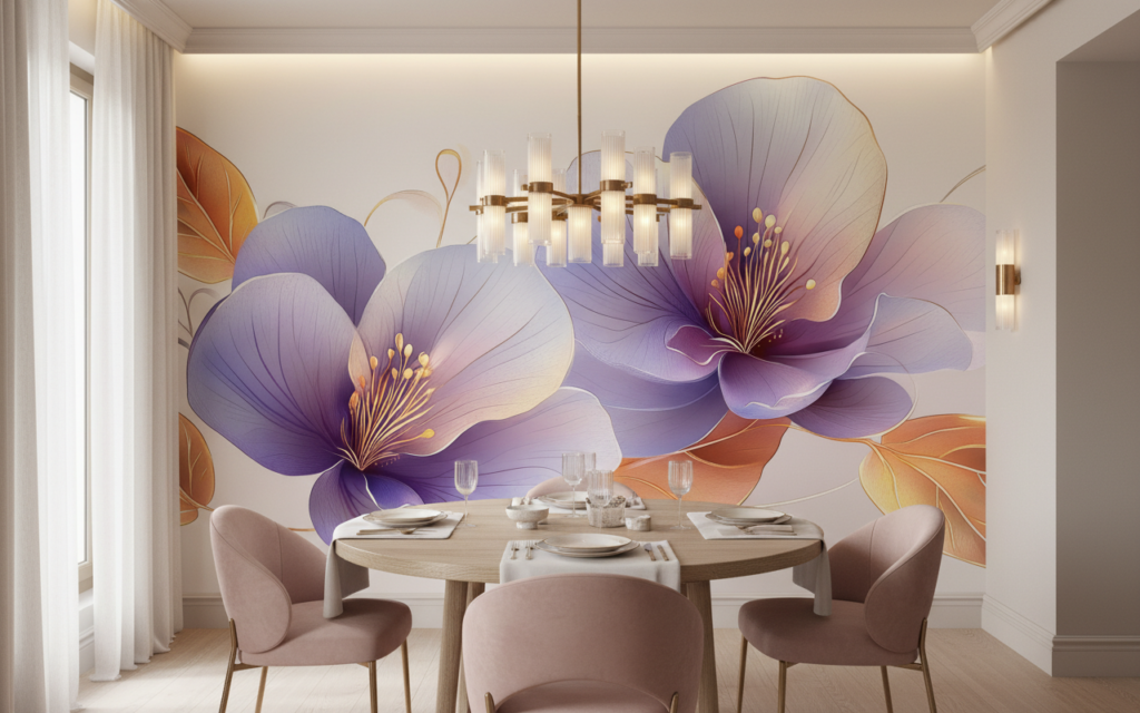 Papier Peint Fleurs Aquarelle Violet Rose Effet Artistique Délicat - Salle à manger