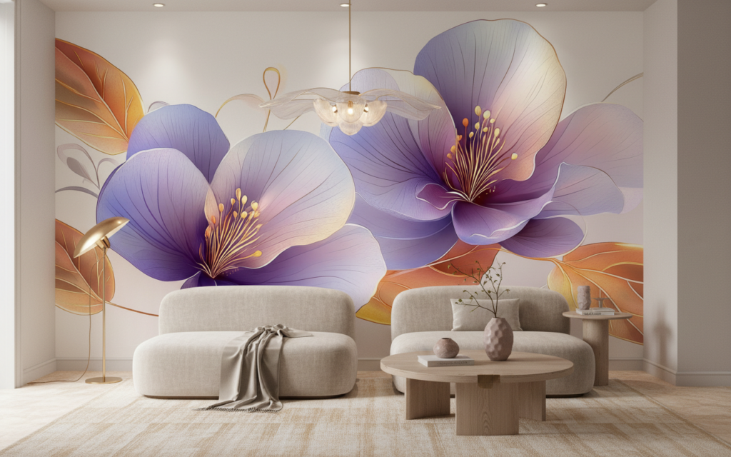 Papier Peint Fleurs Aquarelle Violet Rose Effet Artistique Délicat - Salon / Séjour