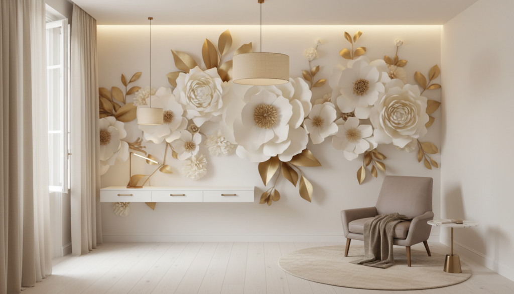 Papier Peint Fleurs Blanches et Dorées Élégantes - Bureau