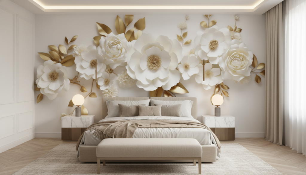 Papier Peint Fleurs Blanches et Dorées Élégantes - Chambre adulte