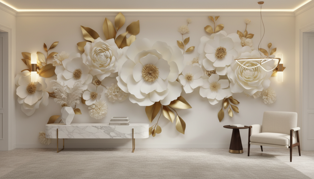 Papier Peint Fleurs Blanches et Dorées Élégantes - Entrée