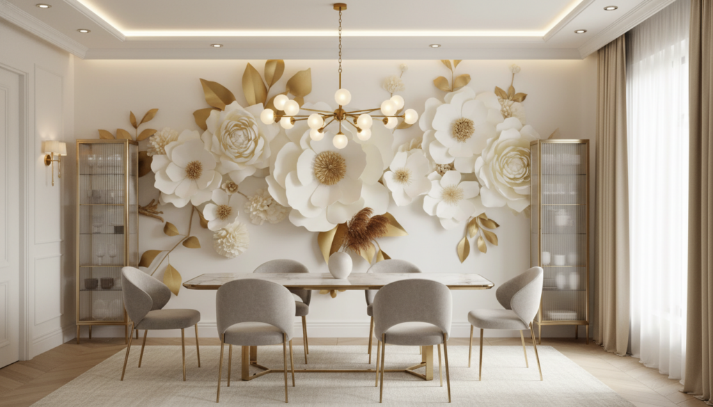 Papier Peint Fleurs Blanches et Dorées Élégantes - Salle à manger