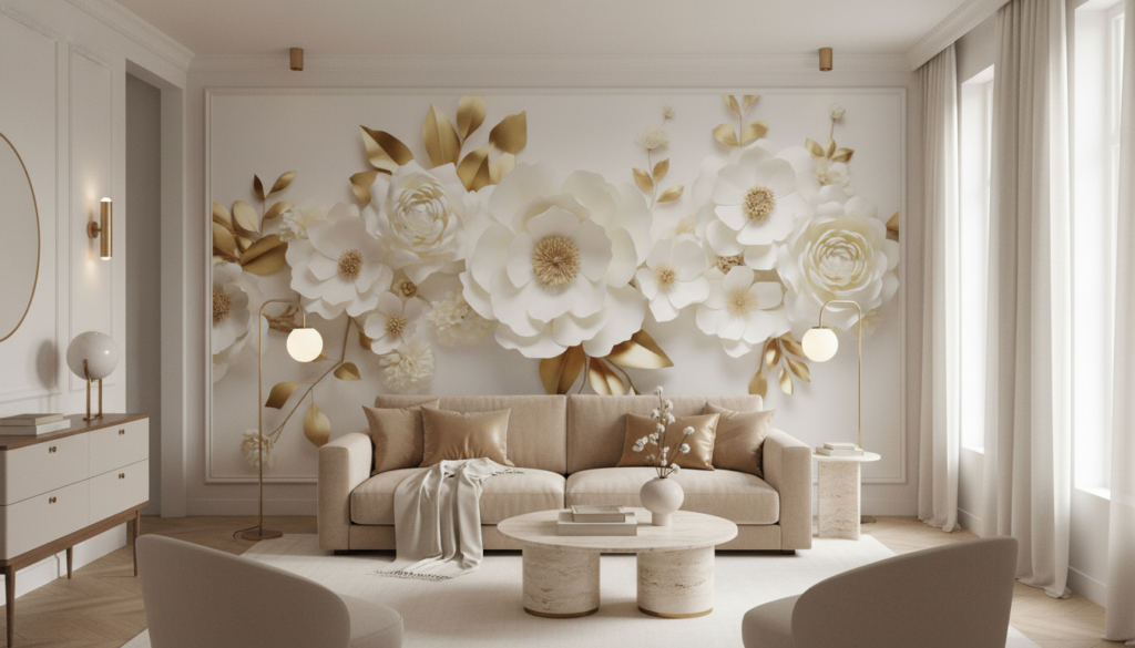 Papier Peint Fleurs Blanches et Dorées Élégantes - Salon / Séjour