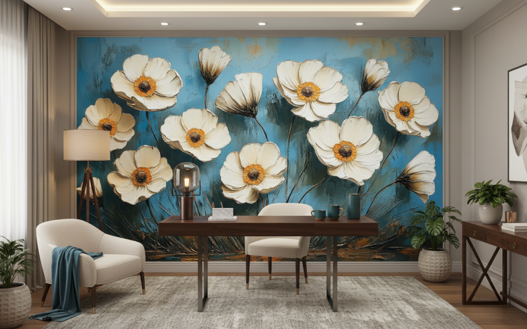 Papier peint fleurs blanches vintage sur fond bleu abstrait - Bureau