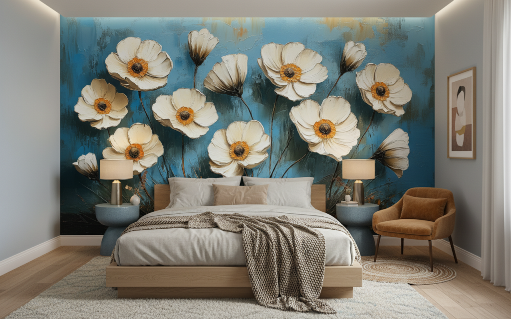 Papier peint fleurs blanches vintage sur fond bleu abstrait - Chambre adulte