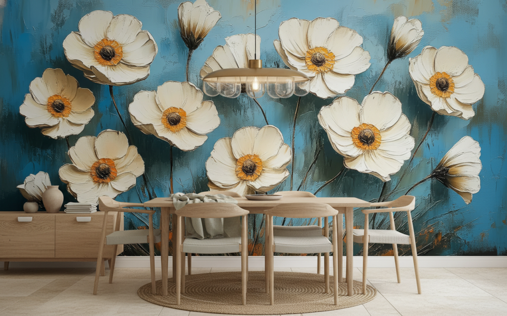 Papier peint fleurs blanches vintage sur fond bleu abstrait - Salle à manger