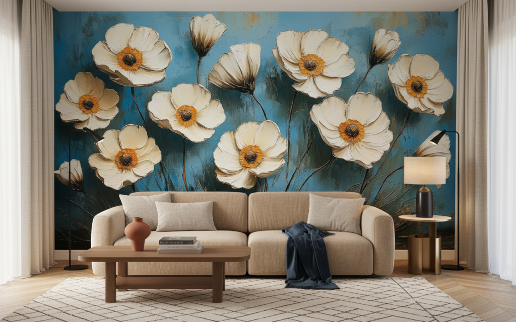 Papier peint fleurs blanches vintage sur fond bleu abstrait - Salon / Séjour