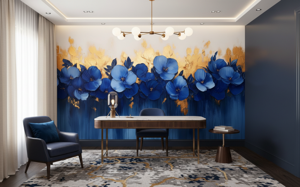Papier peint fleurs bleues élégantes avec touches dorées luxueuses - Bureau