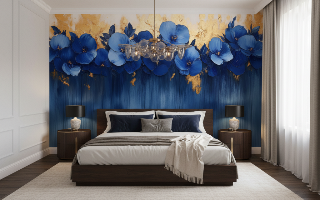 Papier peint fleurs bleues élégantes avec touches dorées luxueuses - Chambre adulte