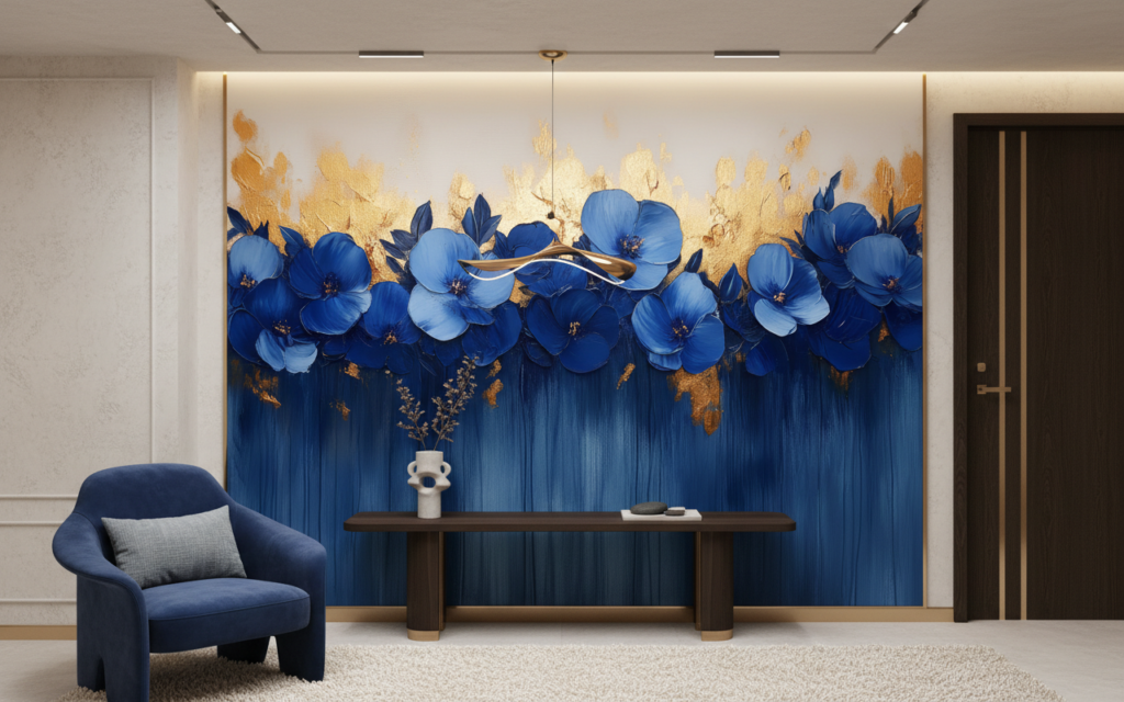Papier peint fleurs bleues élégantes avec touches dorées luxueuses - Entrée