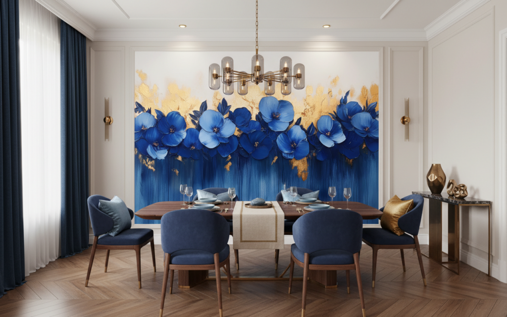 Papier peint fleurs bleues élégantes avec touches dorées luxueuses - Salle à manger