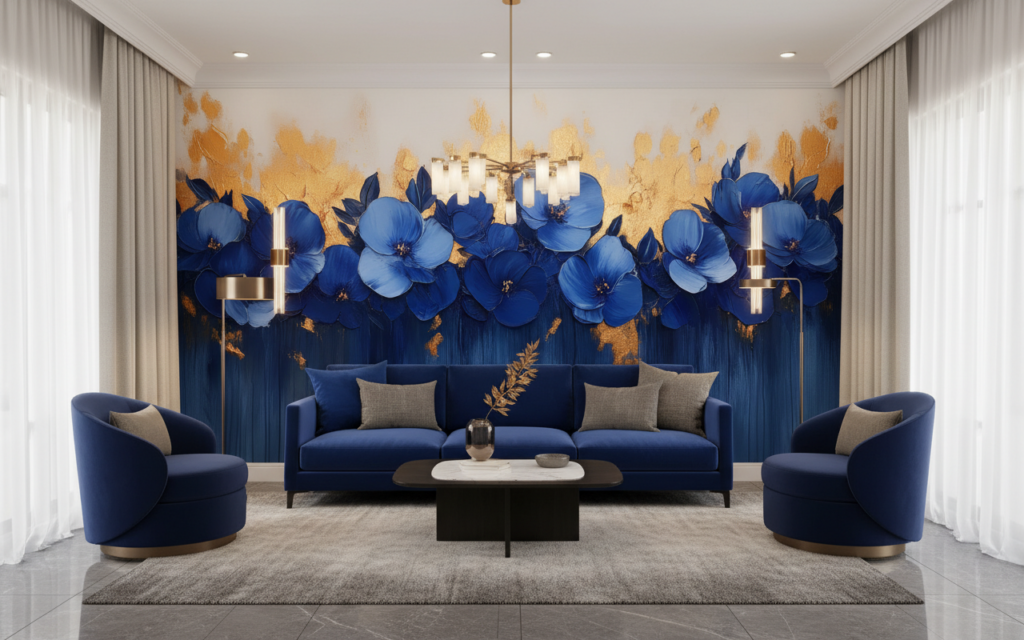 Papier peint fleurs bleues élégantes avec touches dorées luxueuses - Salon / Séjour