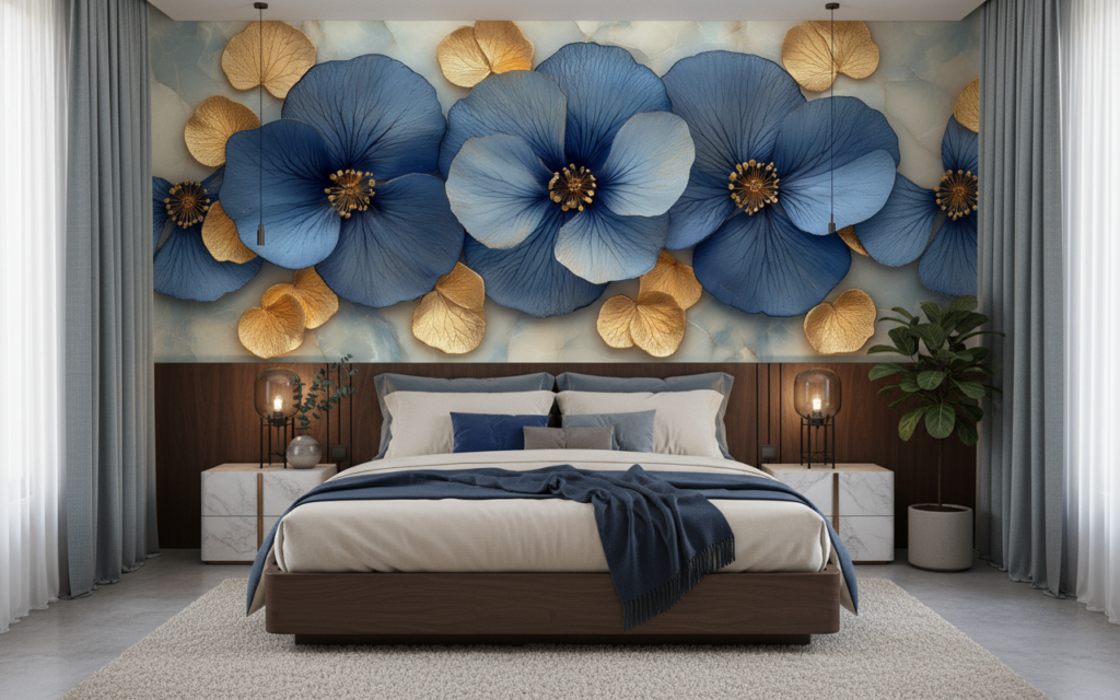 Papier peint fleurs bleues et dorées élégant style botanique luxueux - Chambre adulte