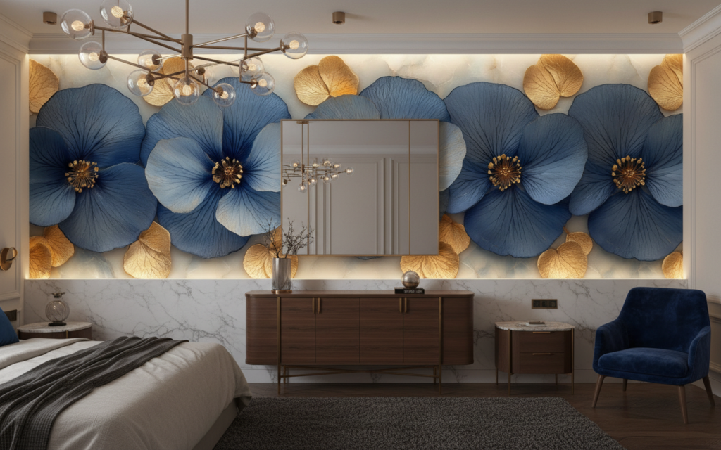 Papier peint fleurs bleues et dorées élégant style botanique luxueux - Hôtel