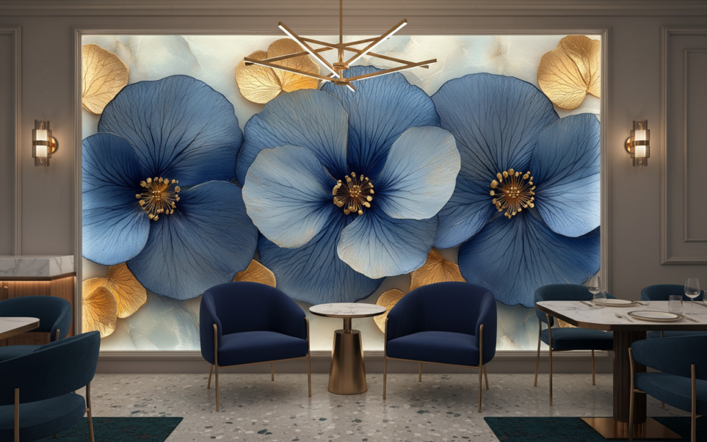 Papier peint fleurs bleues et dorées élégant style botanique luxueux - Restaurant