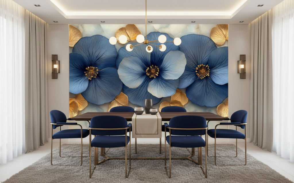 Papier peint fleurs bleues et dorées élégant style botanique luxueux - Salle à manger