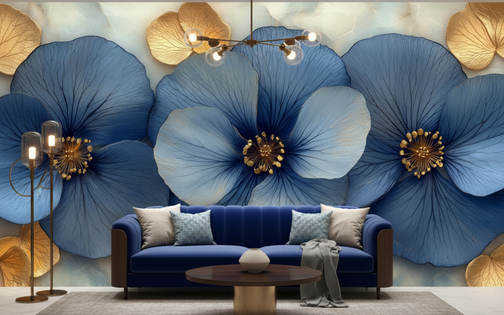 Papier peint fleurs bleues et dorées élégant style botanique luxueux - Salon / Séjour