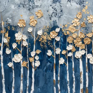 Papier Peint Fleurs Dorées et Blanches sur Fond Bleu Abstrait