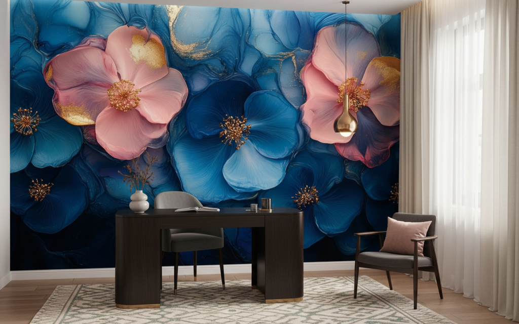 Papier Peint Fleurs Dorées Bleu Turquoise et Rose Pastel - Bureau