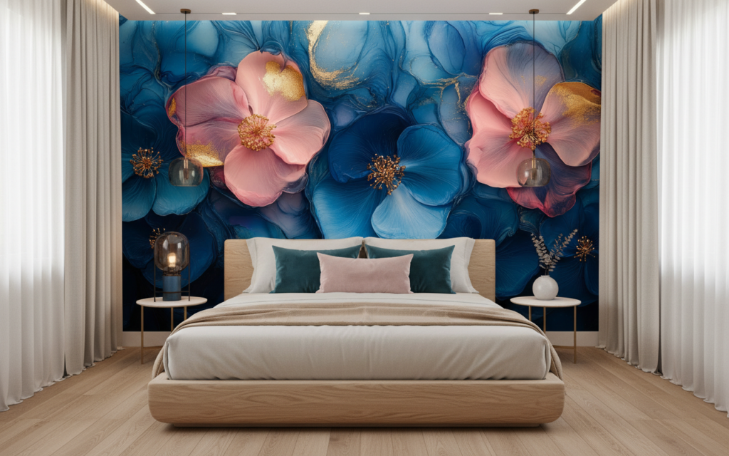 Papier Peint Fleurs Dorées Bleu Turquoise et Rose Pastel - Chambre adulte