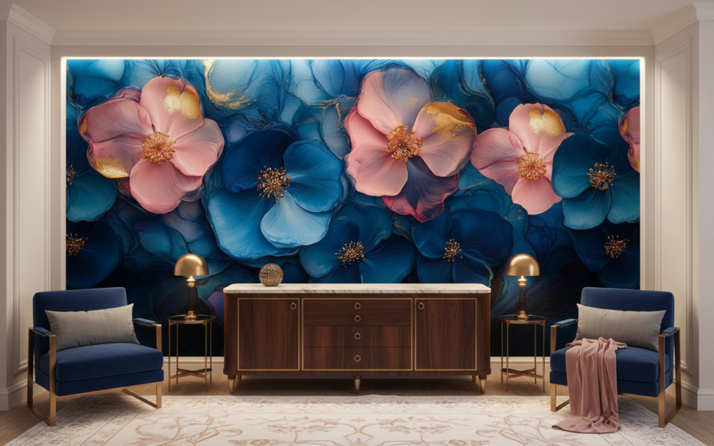 Papier Peint Fleurs Dorées Bleu Turquoise et Rose Pastel - Hôtel