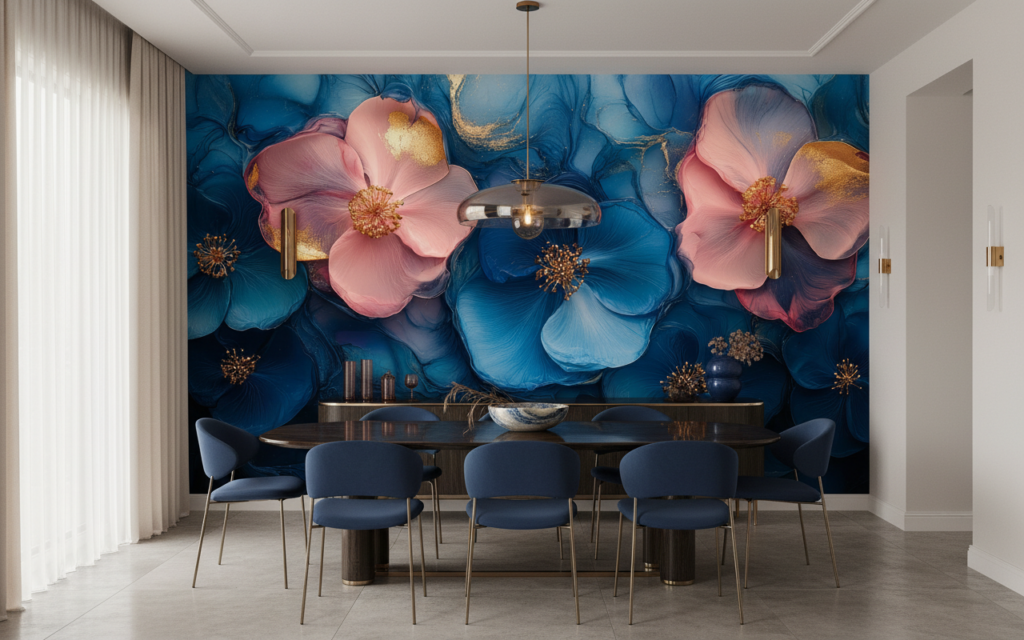 Papier Peint Fleurs Dorées Bleu Turquoise et Rose Pastel - Salle à manger