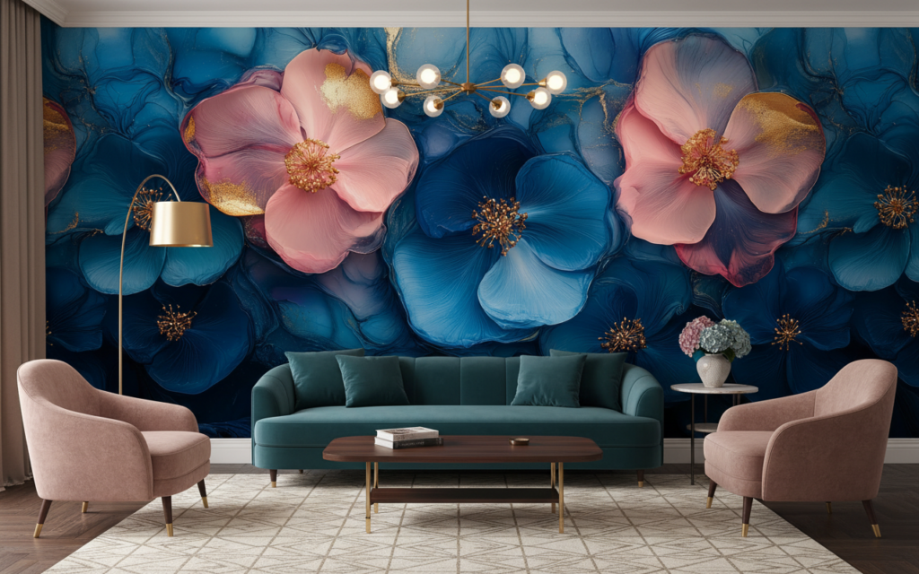 Papier Peint Fleurs Dorées Bleu Turquoise et Rose Pastel - Salon / Séjour