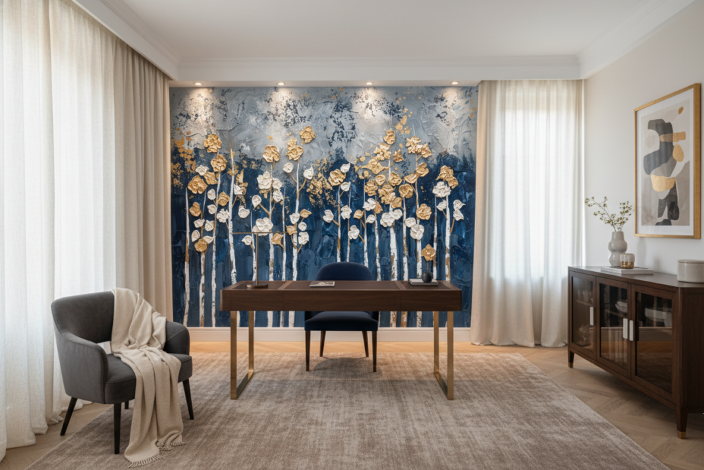 Papier Peint Fleurs Dorées et Blanches sur Fond Bleu Abstrait - Bureau