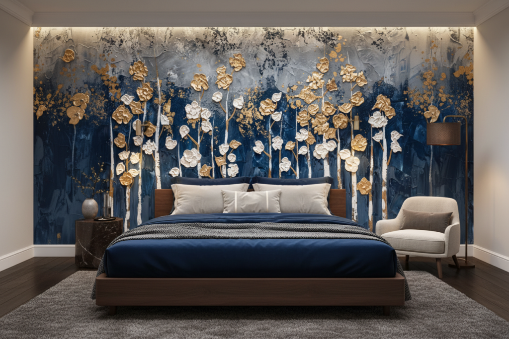 Papier Peint Fleurs Dorées et Blanches sur Fond Bleu Abstrait - Chambre adulte