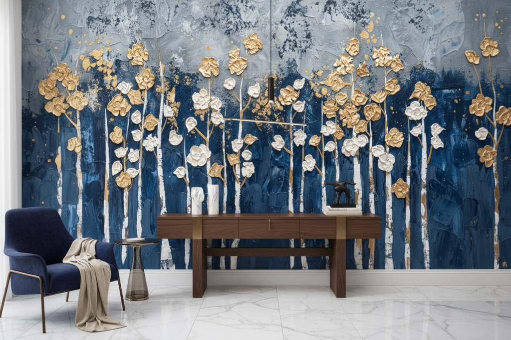 Papier Peint Fleurs Dorées et Blanches sur Fond Bleu Abstrait - Entrée