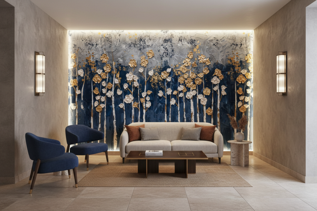 Papier Peint Fleurs Dorées et Blanches sur Fond Bleu Abstrait - Hôtel