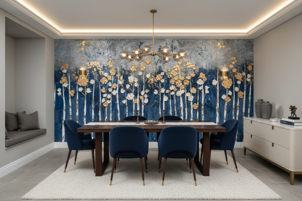 Papier Peint Fleurs Dorées et Blanches sur Fond Bleu Abstrait - Salle à manger