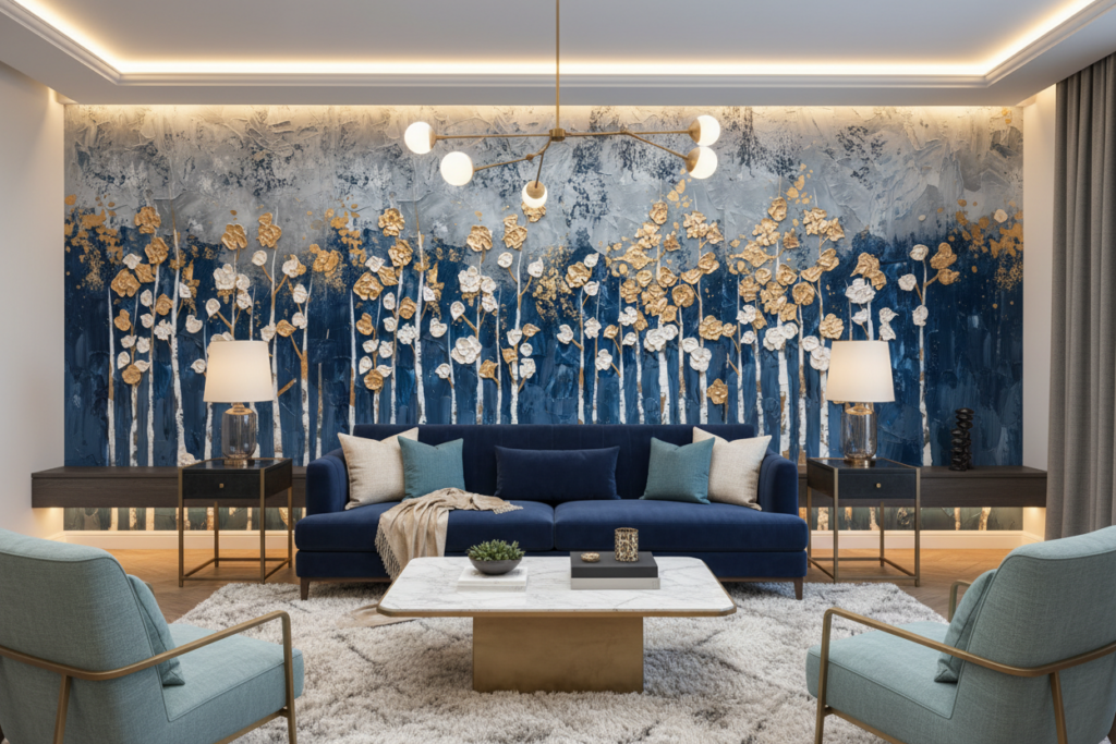 Papier Peint Fleurs Dorées et Blanches sur Fond Bleu Abstrait - Salon / Séjour