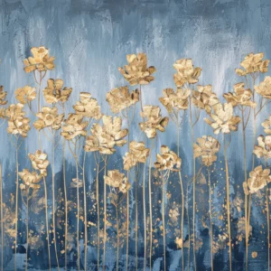 Papier Peint Fleurs Dorées sur Fond Bleu Texture Artistique